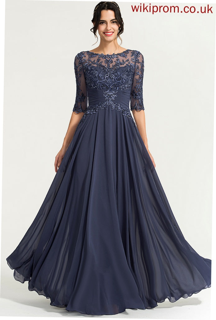 Chiffon Jolie Scoop Floor-Length A-Line Lace Sequins Prom Dresses Pleated Illusion With