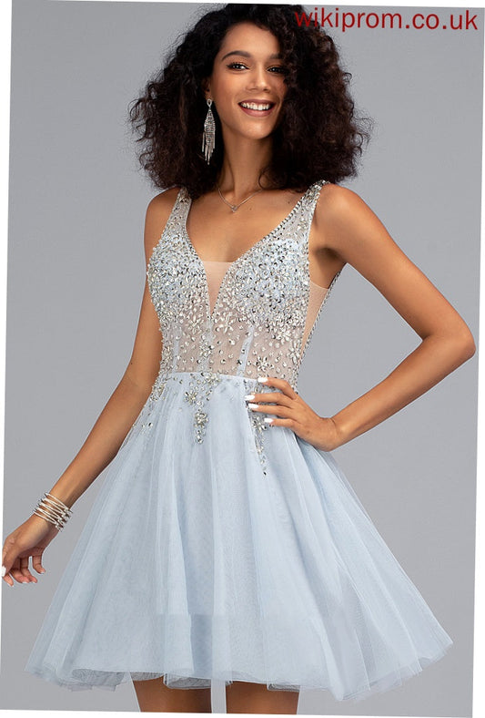 Jess Homecoming Dress Sequins Short/Mini Tulle V-neck With Beading A-Line Homecoming Dresses