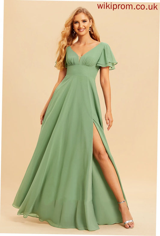 Ruffle V-neck Neckline A-Line Floor-Length Embellishment Silhouette SplitFront Fabric Length Amiyah Bridesmaid Dresses