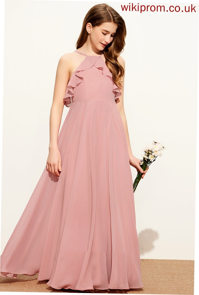 Neckline Alexis A-Line Ruffles With Floor-Length Chiffon Square Cascading Junior Bridesmaid Dresses