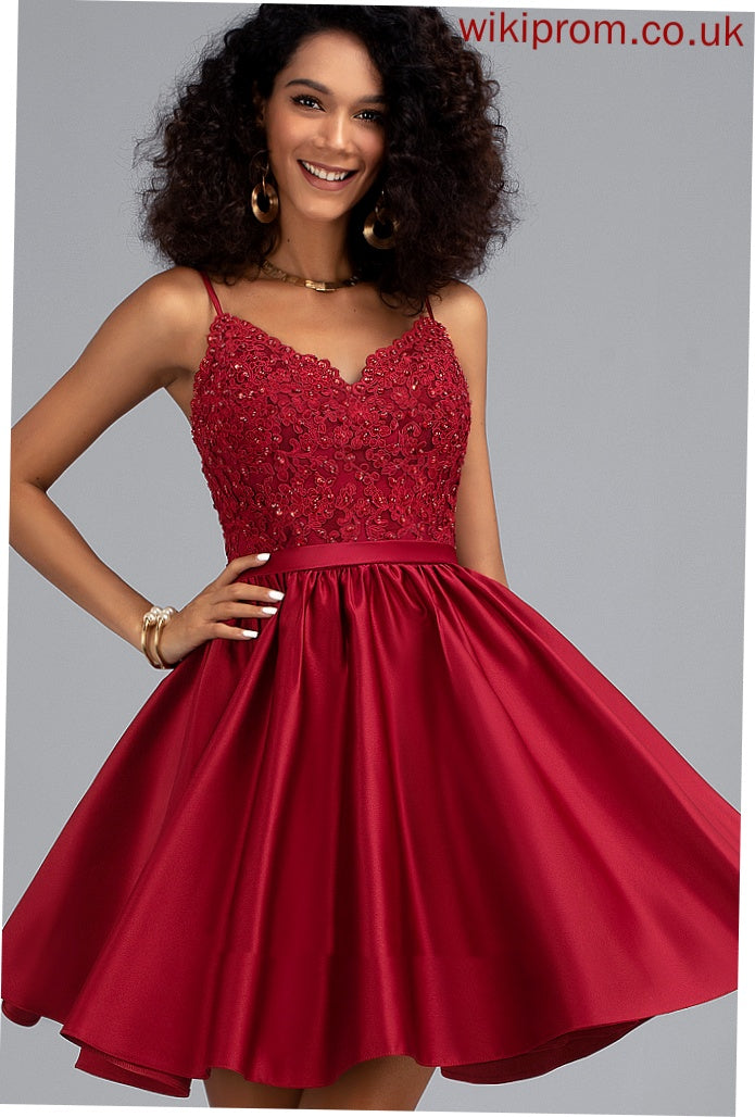 Satin Lace V-neck Beading Macy Dress Homecoming Dresses A-Line Homecoming With Short/Mini