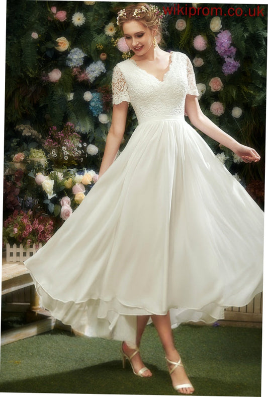 Chiffon Dress Asymmetrical V-neck Wedding Dresses A-Line Wedding Lace Kenley