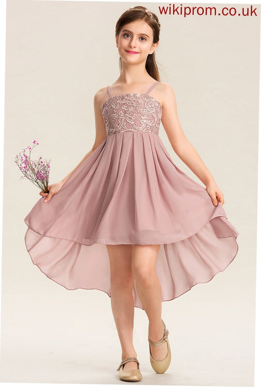 Lace Square Junior Bridesmaid Dresses Asymmetrical Neckline Chiffon A-Line Una