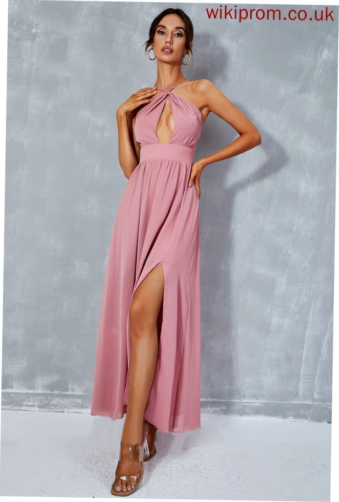 Front Split Savanah A-line Dresses Club Dresses Halter Chiffon Elegant Sleeveless Midi