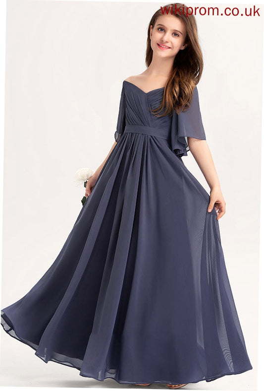 Maci Bow(s) Junior Bridesmaid Dresses Ruffle A-Line Off-the-Shoulder Floor-Length Chiffon With