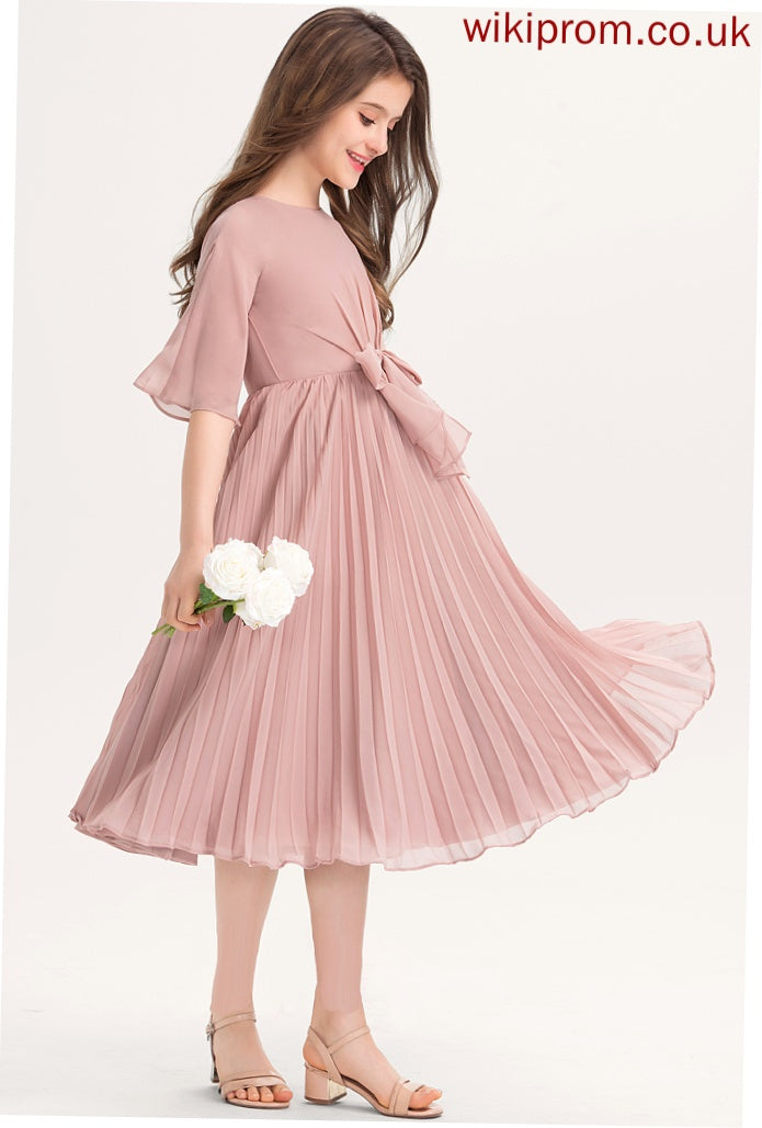 Pleated Knee-Length With Junior Bridesmaid Dresses Scoop A-Line Bow(s) Chiffon Aisha Neck