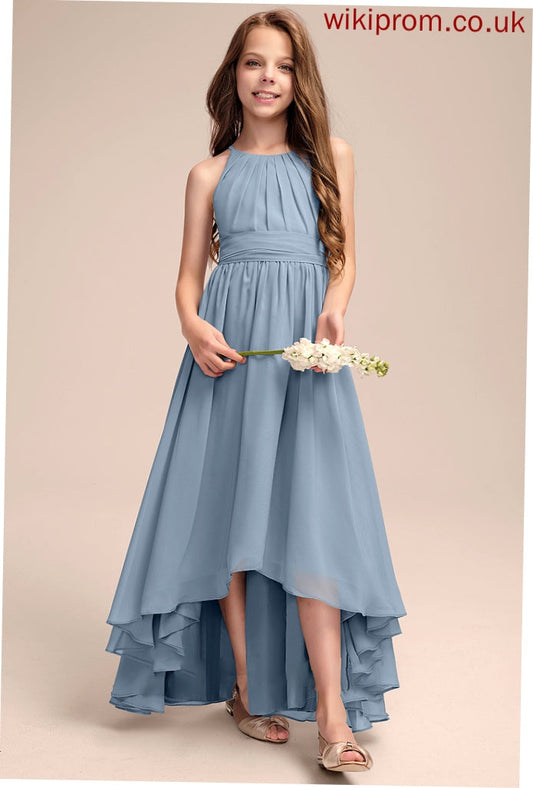 With Ruffle Frederica Junior Bridesmaid Dresses A-Line Bow(s) Neck Asymmetrical Chiffon Scoop