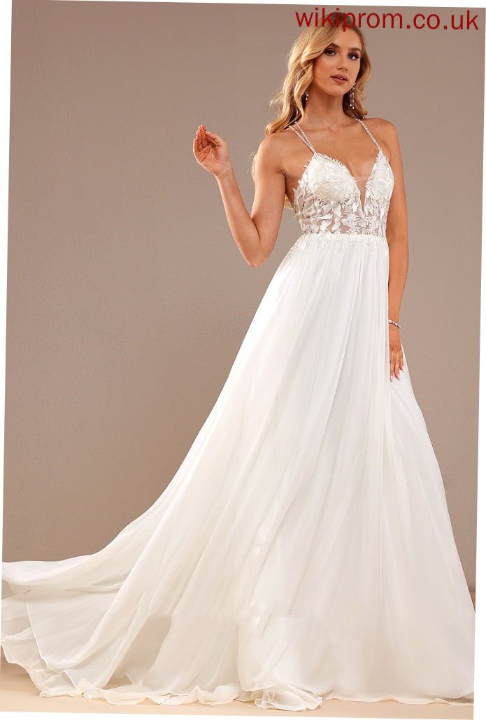 With V-neck A-Line Sweep Lace Train Lace Sequins Dress Wedding Chiffon Beading Wedding Dresses Dakota