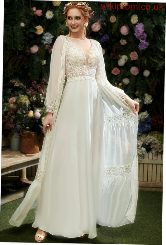 Floor-Length Dress With A-Line Wedding Dresses Chiffon Front Split Lace Sequins Wedding V-neck Briley