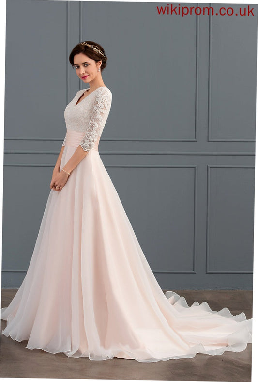 Court Train Wedding Ball-Gown/Princess Organza Ruffle Dress Susanna Lace V-neck Wedding Dresses With