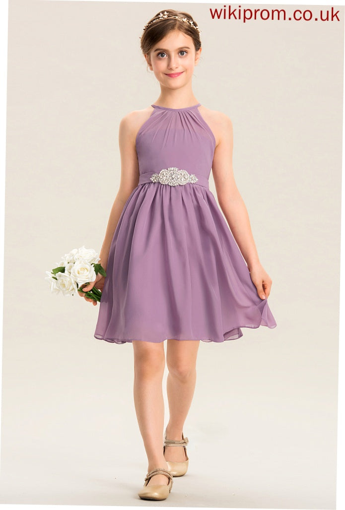 Junior Bridesmaid Dresses Knee-Length Beading Neck Chiffon A-Line Melinda Scoop With Ruffle