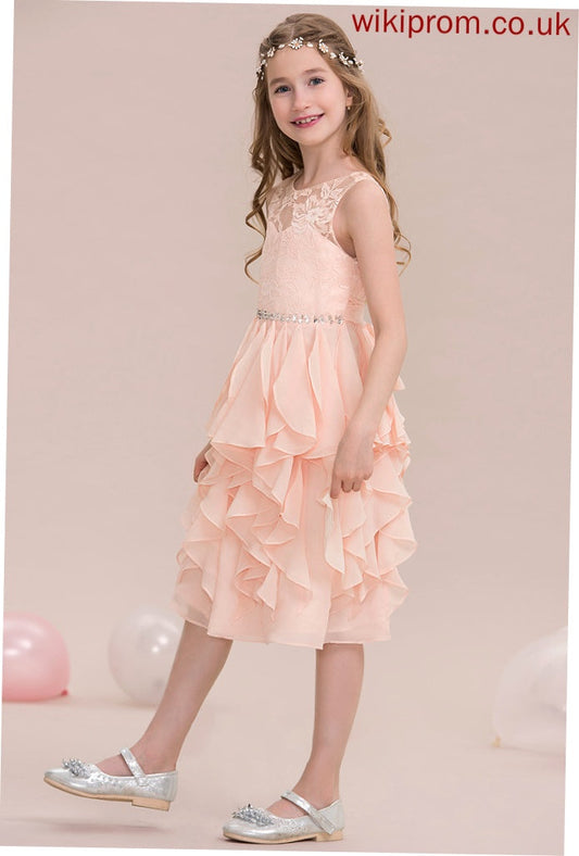 Sequins Cascading Gisselle With Ruffles Junior Bridesmaid Dresses Scoop Beading A-Line Chiffon Neck Knee-Length