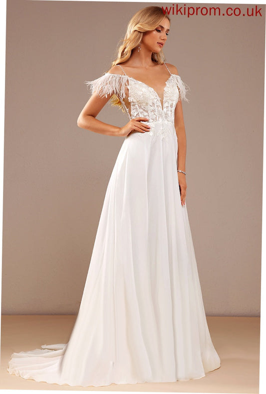 Pockets Evangeline Court Train Feather Lace A-Line Wedding Dresses Sequins V-neck With Wedding Chiffon Dress Beading Lace