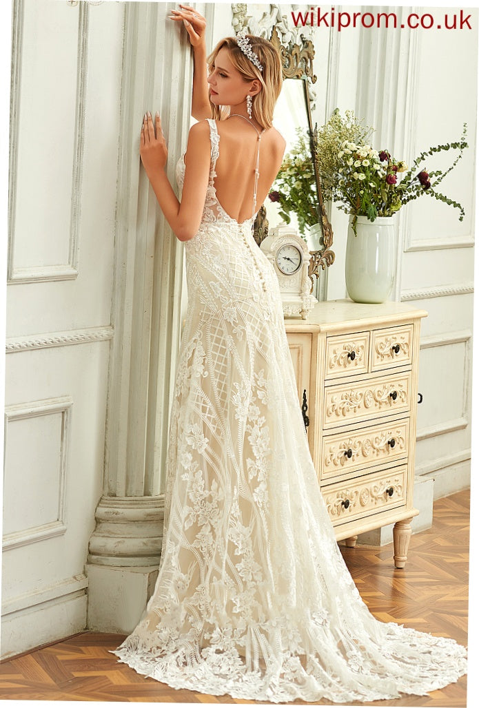 V-neck Trumpet/Mermaid Wedding Chapel Lace Geraldine Tulle Wedding Dresses Train Dress