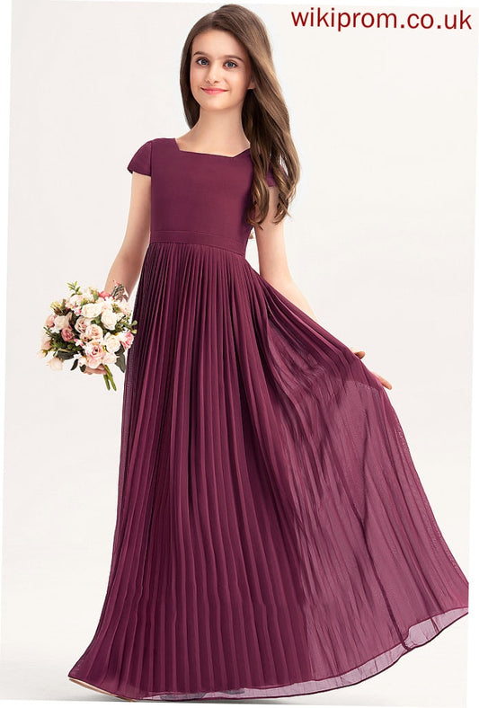 Pleated Junior Bridesmaid Dresses With Lace Bow(s) Gertrude Chiffon Square A-Line Floor-Length Neckline