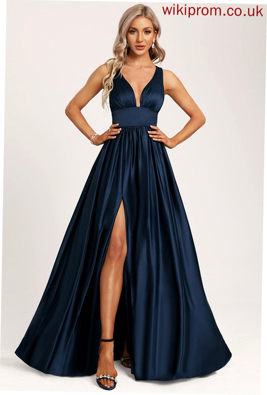 Silhouette Neckline Straps&Sleeves Floor-Length Length V-neck Fabric A-Line Satin Amelia Bridesmaid Dresses