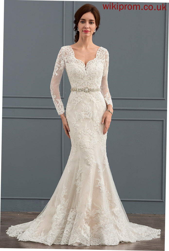 With Court Train Lace Anaya Trumpet/Mermaid Tulle Dress V-neck Wedding Dresses Wedding Beading