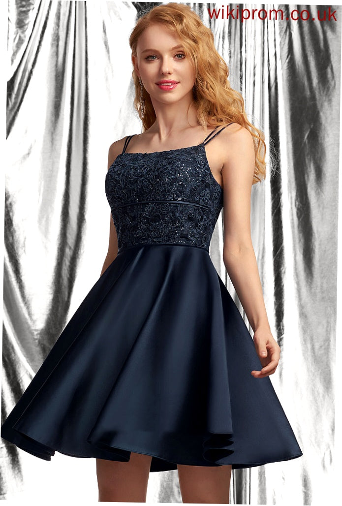 A-Line Maren Satin Square Neckline Homecoming Dresses With Homecoming Short/Mini Lace Dress