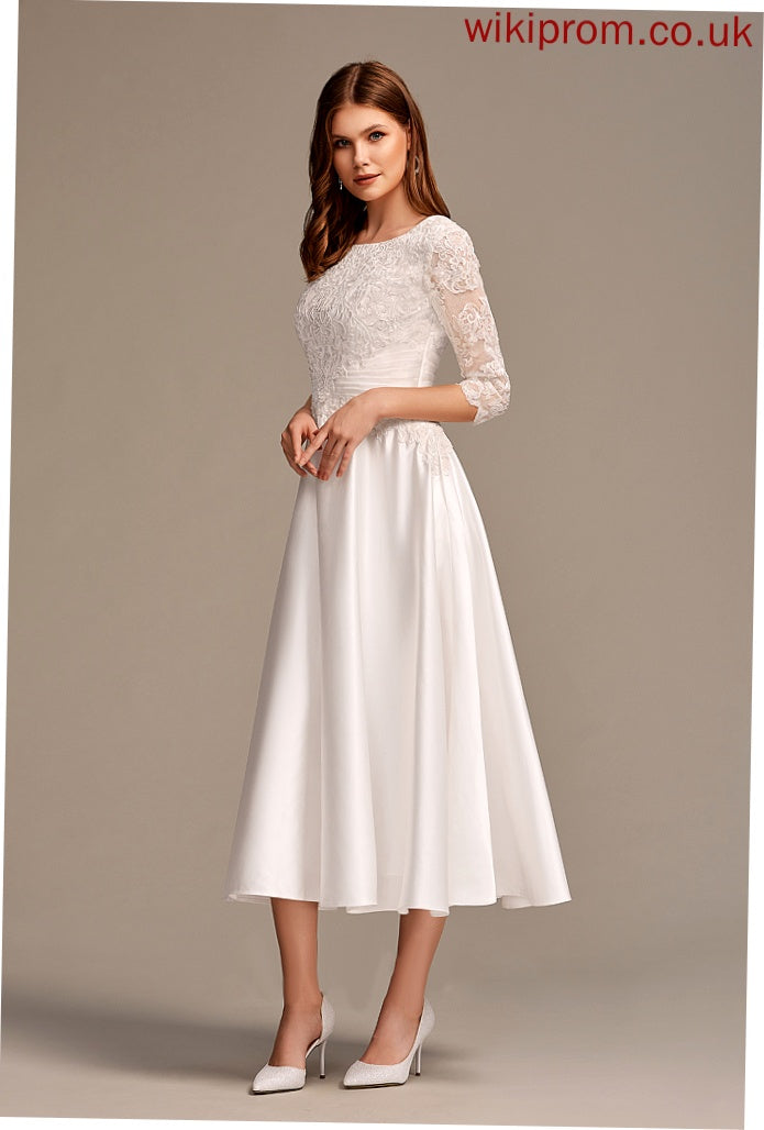 A-Line Wedding Neck Shayla Satin Lace Wedding Dresses Scoop Dress Pockets Tea-Length With