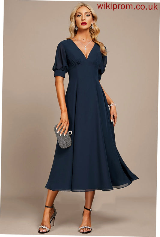 Cocktail Dresses With Tea-Length Dress Chiffon V-neck Cocktail Ruffle Allison A-Line