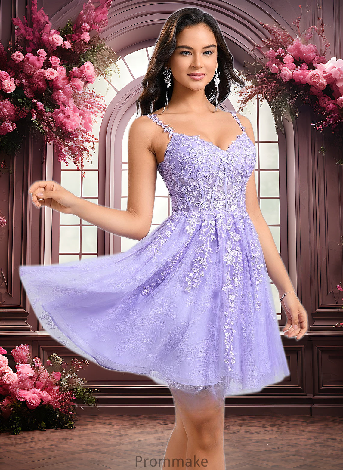 Melody A-line V-Neck Short Tulle Lace Homecoming Dress DUP0025640