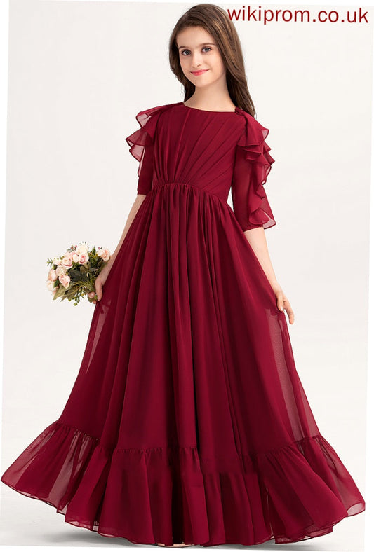 Junior Bridesmaid Dresses Chiffon Floor-Length Cascading Neck A-Line Julia Ruffles Scoop With