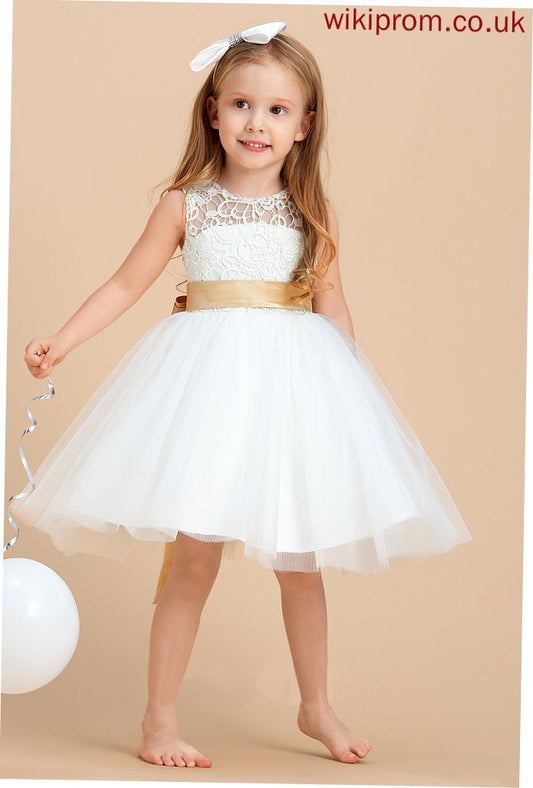 Dress Knee-length Satin/Tulle/Lace Girl With Sleeveless Natalee - Neck Scoop Sash/Bow(s)/Back Flower Girl Dresses Flower Hole A-Line