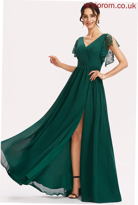 Length Silhouette Embellishment A-Line SplitFront Lace Fabric Floor-Length V-neck Neckline Charlize Bridesmaid Dresses