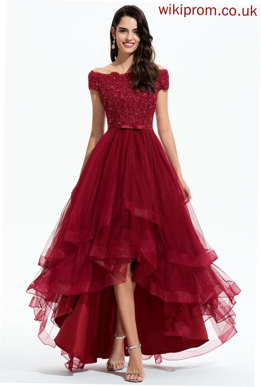 Asymmetrical Beading A-Line Bow(s) Rylie Homecoming Dresses Dress Homecoming Off-the-Shoulder With Lace Tulle