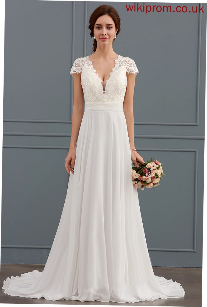 Wedding V-neck Chiffon Wedding Dresses Ruffle Lace A-Line Train With Dress Sweep Miley