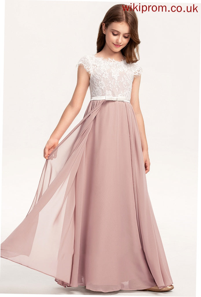 Bow(s) Neck Junior Bridesmaid Dresses A-Line Lace Chiffon Floor-Length Madisyn With Scoop