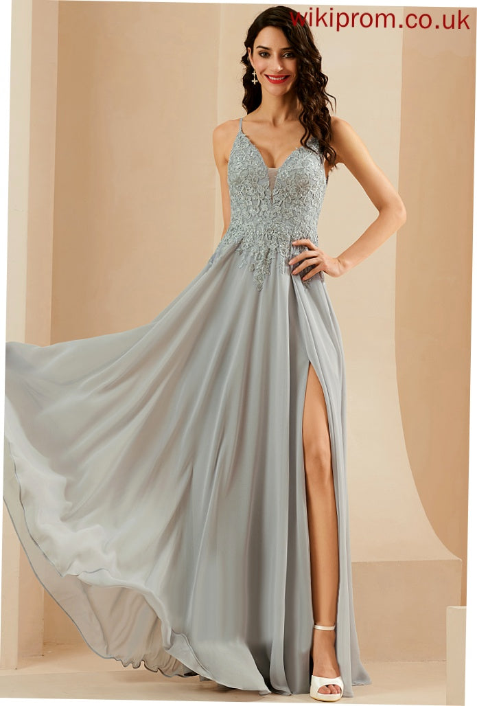 Chiffon Prom Dresses Sequins Valentina Floor-Length With A-Line Lace V-neck