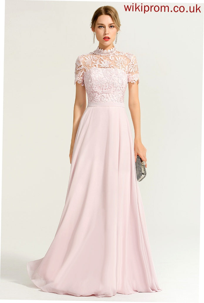 Chiffon Lace Floor-Length Yasmine Prom Dresses Neck High A-Line Illusion