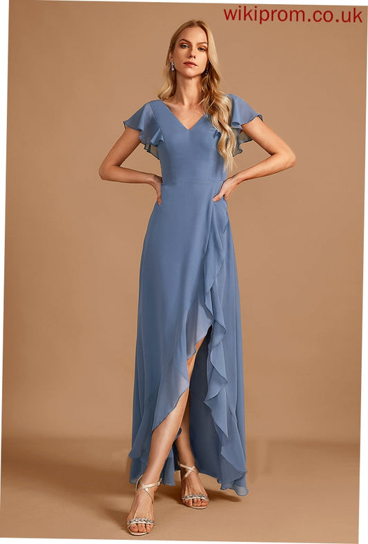 Ruffle Embellishment Neckline Silhouette A-Line V-neck SplitFront Fabric Length Asymmetrical Princess Sleeveless Bridesmaid Dresses