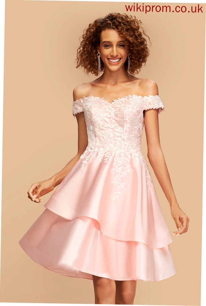 Off-the-Shoulder Trinity Knee-Length Lace With Dress Sequins Homecoming A-Line Homecoming Dresses Satin