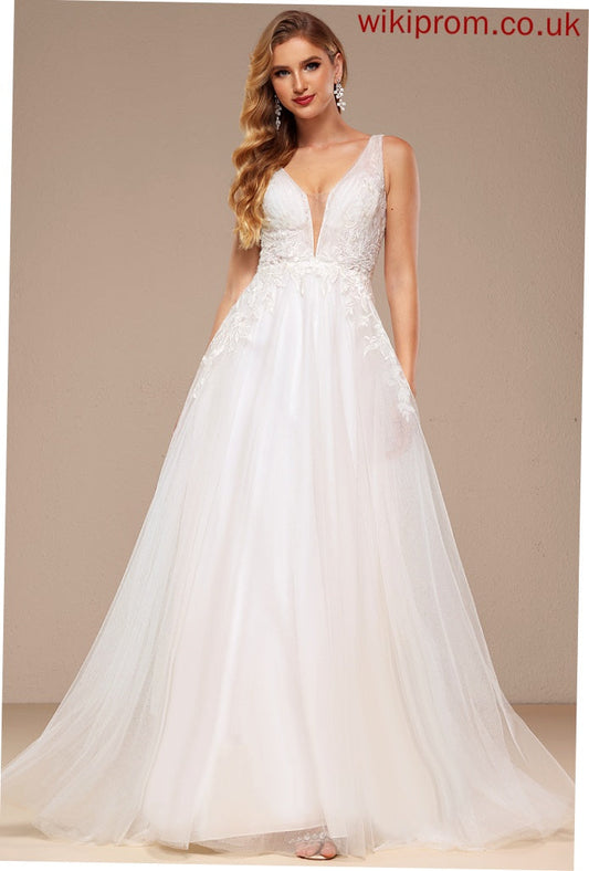 Wedding Dresses Tulle Wedding With Train Dress Sequins Lace A-Line Sweep V-neck Olivia