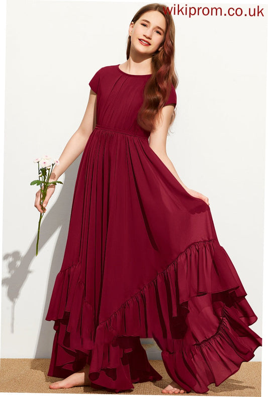 Ruffles Bow(s) Neck A-Line Junior Bridesmaid Dresses Chiffon Lace Floor-Length Appliques With Cascading Camilla Scoop