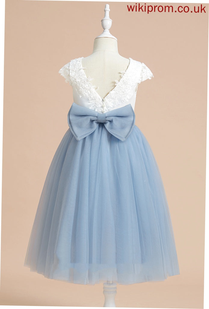 Neck Tea-length A-Line Elva Satin/Tulle Dress Sleeveless Girl - Scoop Flower Flower Girl Dresses With Lace/Bow(s)