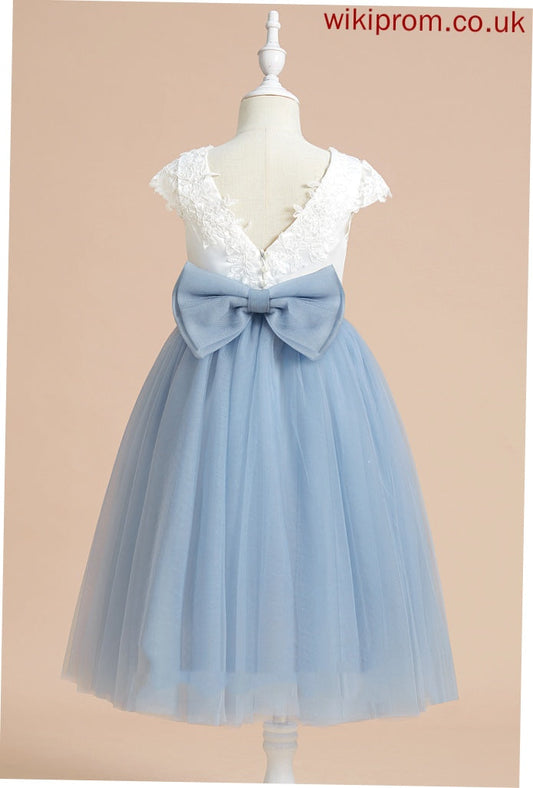 Neck Tea-length A-Line Elva Satin/Tulle Dress Sleeveless Girl - Scoop Flower Flower Girl Dresses With Lace/Bow(s)