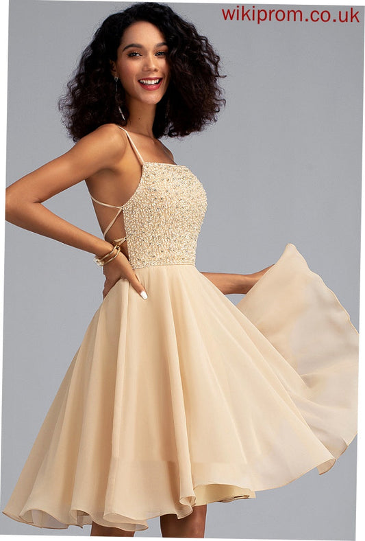 Knee-Length Beading With Sequins A-Line Homecoming Dresses Dress Neckline Homecoming Lacey Square Chiffon