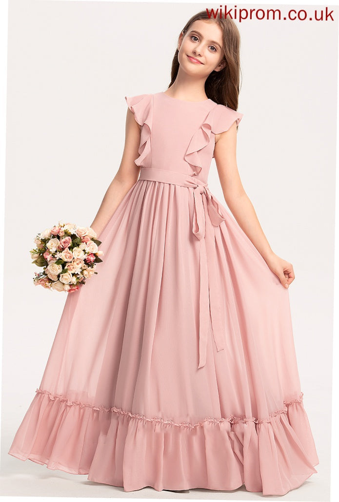 Floor-Length Bow(s) Katharine Cascading A-Line With Chiffon Neck Junior Bridesmaid Dresses Ruffles Scoop