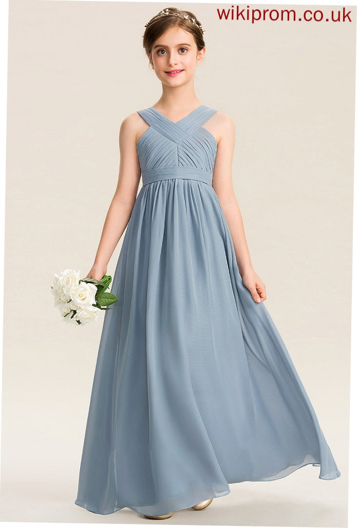 Chiffon Ruffle A-Line Aniya V-neck Floor-Length Junior Bridesmaid Dresses With