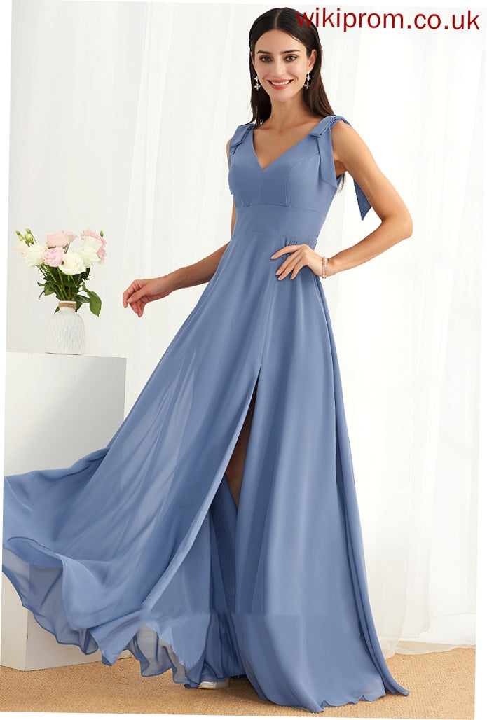 Floor-Length SplitFront A-Line Bow(s) Fabric Length Neckline Silhouette V-neck Embellishment Shayla Sleeveless Bridesmaid Dresses