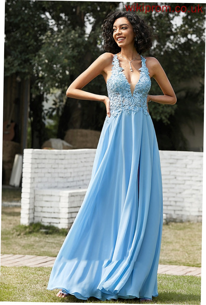 Chiffon V-neck Prom Dresses Sally Floor-Length Lace A-Line