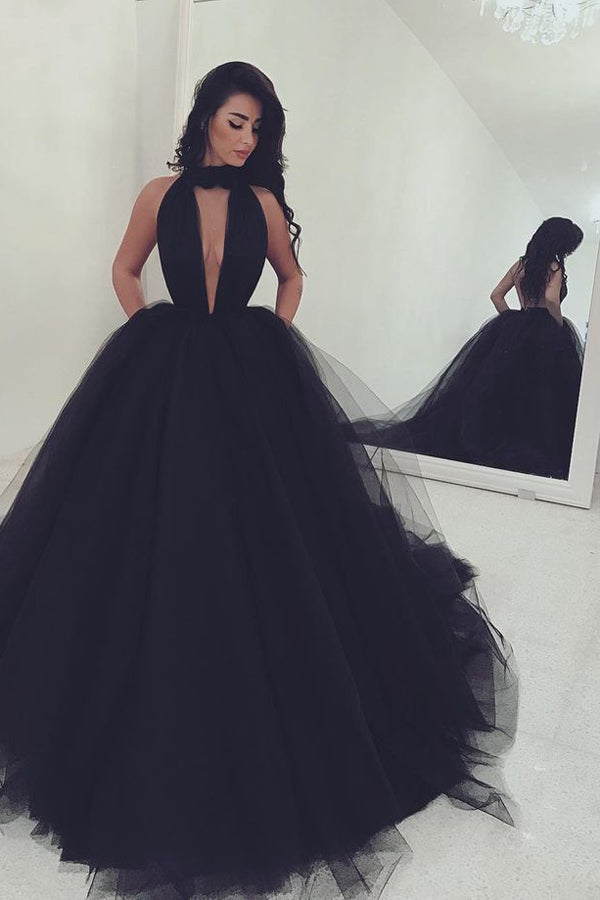 Black Ball Gown Court Train Halter Sleeveless Backless Tulle Wedding Dress