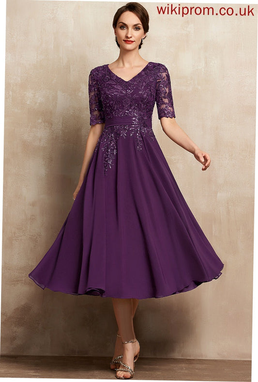 Sequins With Lace Cocktail Cocktail Dresses Dress Haylee V-neck Chiffon Tea-Length A-Line