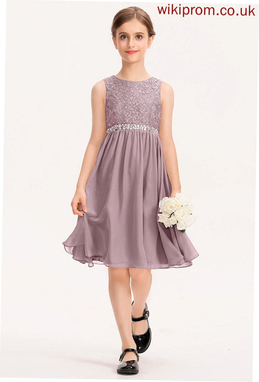 Bow(s) Scoop Jordyn Junior Bridesmaid Dresses Chiffon Lace Beading Neck With A-Line Knee-Length