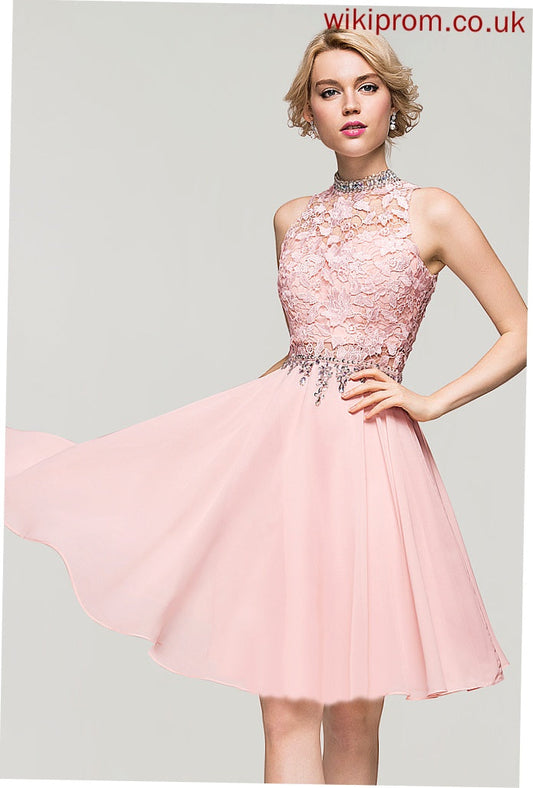 A-Line Homecoming With Sequins Chiffon Neck Dress Knee-Length Kelly Lace Homecoming Dresses Beading High