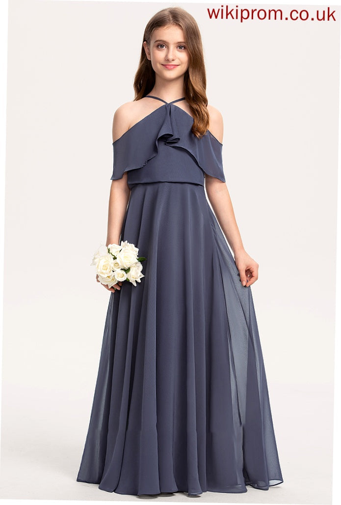 Junior Bridesmaid Dresses Cascading Ruffles Floor-Length Off-the-Shoulder Izabelle A-Line With Chiffon