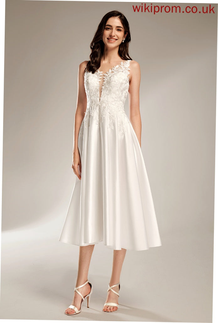 Tea-Length Wedding Wedding Dresses Guadalupe With A-Line Dress Satin Lace V-neck Pockets